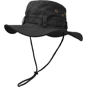 Unisex Black Wide Brim Boonie With Chin Strap Adjustable Classic Cowboy Hat
